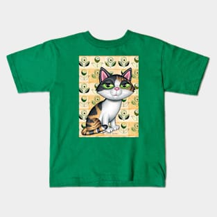 Cute Calico Cat in front of greenish flowers Kids T-Shirt